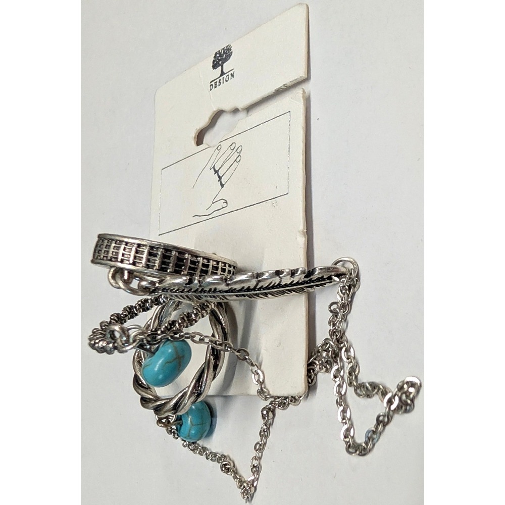 New w Tag Slave 3 Ring Set Silver Tone Faux Turquoise Feather Chain Twist Boho